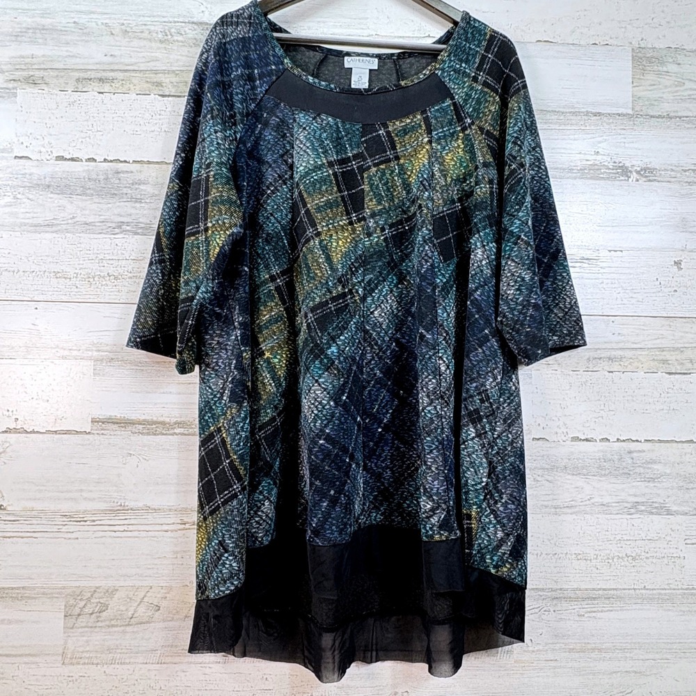 Catherines Womens 1X Plaid Mesh Hem Tunic Top Teal Blue Checkered Knit Blouse